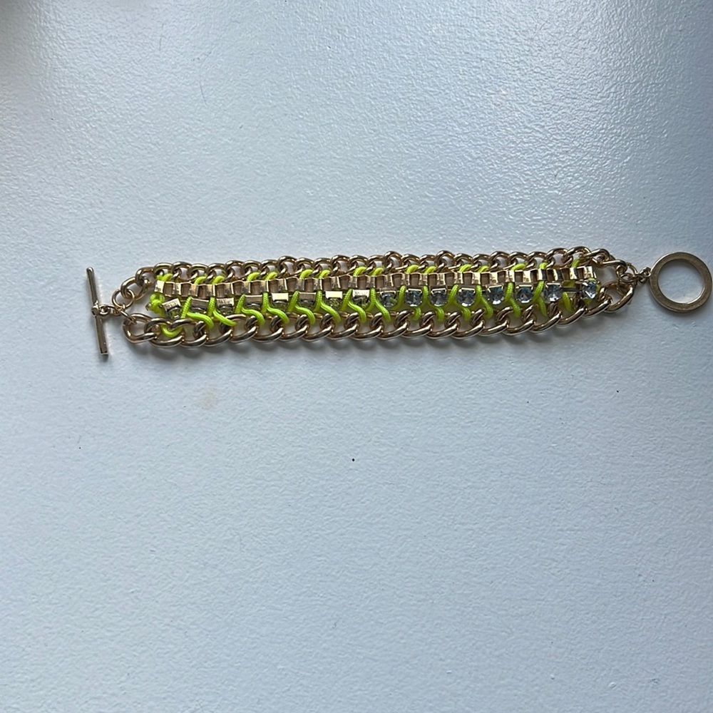 Chunky gold fluorescent yellow/ green toggle bracelet with stones